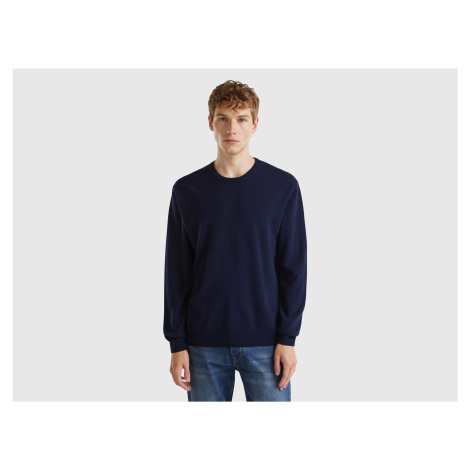 Benetton, Dark Blue Crew Neck Sweater In Pure Merino Wool United Colors of Benetton