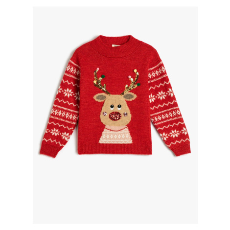 Koton New Year's Sweater Deer Patterned Crew Neck Sequin Detailed