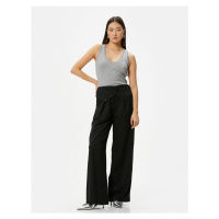 Koton Wide Leg Trousers with Pocket Waist Asymmetrical Button Detail