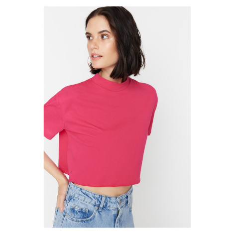 Trendyol Fuchsia 100% Cotton Crop Stand-Up Collar Knitted T-Shirt