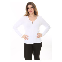 Şans Women's Plus Size White Chest Gathered Detail Long Sleeve Blouse