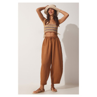 Happiness İstanbul Women's Camel Pocketed Linen Viscose Baggy Pants