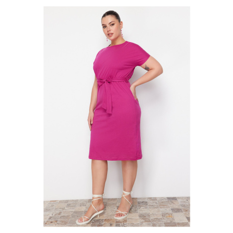 Trendyol Curve Fuchsia Belted Crew Neck 100% Cotton Knitted Dress