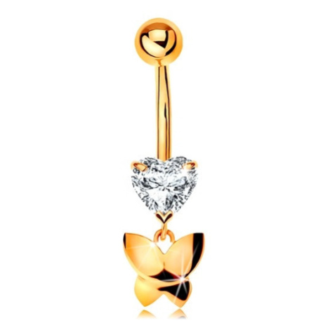 Zlatý 375 piercing do pupíku - čiré broušené srdíčko, visící lesklý motýl Šperky eshop