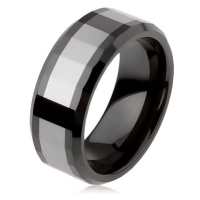 Lesklý wolframový prsten, dvoubarevný, geometricky broušený povrch