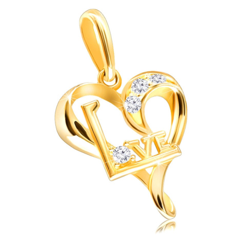 Diamantový přívěsek ze žlutého 375 zlata - linie malého srdce, čiré brilianty, nápis "Love" Šperky eshop