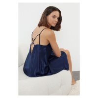 Trendyol Navy Blue Back Detailed Rope Strap Cowl Neck Satin Woven Nightgown