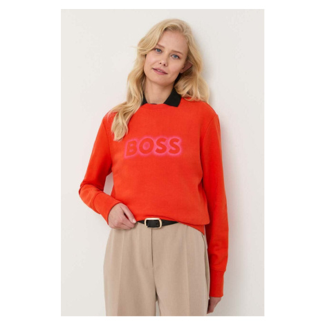 Bavlněná mikina BOSS dámská, oranžová barva, s potiskem Hugo Boss