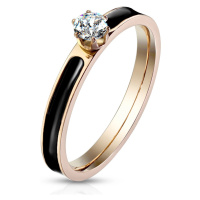 Ocelový prsten s pásem s černou glazurou - kulatý blýskavý zirkon čiré barvy, 3 mm
