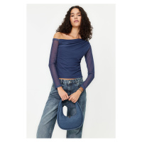 Trendyol Indigo Tulle Lined Asymmetric Collar Knitted Blouse