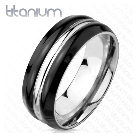 Stříbrná titanová obroučka - černé okraje, stříbrný středový pásek, 8 mm Šperky eshop