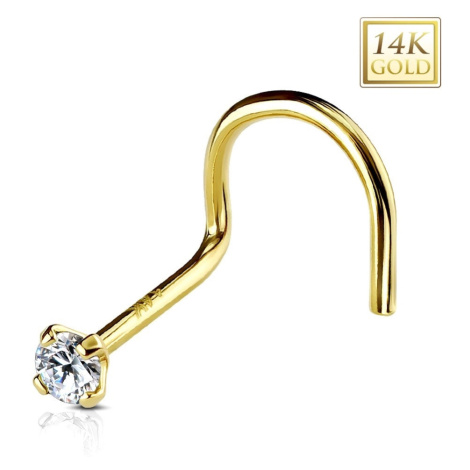 Zahnutý piercing do nosu ze žlutého 14K zlata, kulatý čirý zirkon, 2 mm Šperky eshop