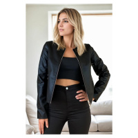 99098 Dewberry Plain Women PU Jacket-BLACK