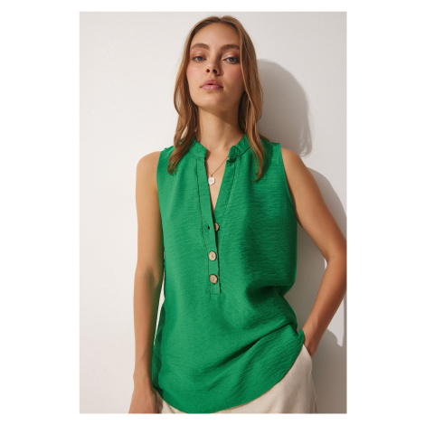 Happiness İstanbul Women's Dark Green Wooden Buttoned Ayrobin Blouse