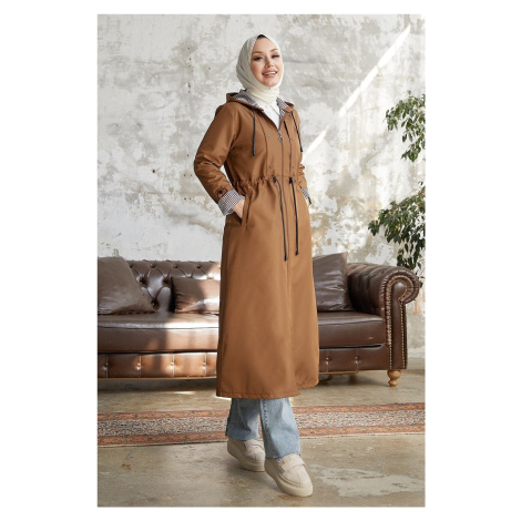 InStyle Burgundy Striped Pattern Long Trench Coat - Tan