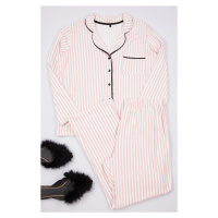 Trendyol Curve Pink Striped Shirt Collar Piping Knitted Pajama Set