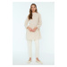 Trendyol Beige Striped Stand Up Collar Ruffle Detailed Knitted Tunic