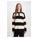 DEFACTO Regular Fit Polo Collar Button Closure Striped Sweater Tunic