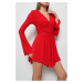 BİKELİFE Women's Red Spanish Sleeve Shorts Dress with Low-cut Detail