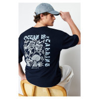 Trendyol Navy Blue Oversize/Wide Fit Back Fluffy Text Printed 100% Cotton T-shirt