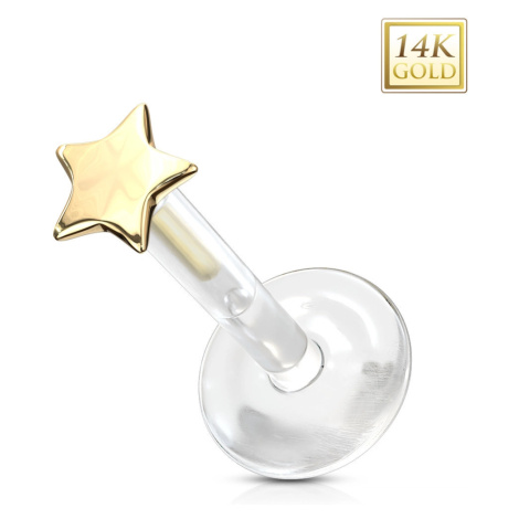 Piercing ze žlutého 14K zlata do ucha, nosu, rtu - malá hvězdička, průsvitný Bioflex Šperky eshop
