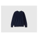 Benetton, Dark Blue V-neck Sweater In Pure Merino Wool