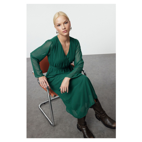 Trendyol Emerald Green Belted A-Line Double-Breasted Collar Lined Chiffon Maxi Woven Dress