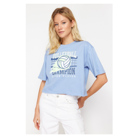 Trendyol Blue Relaxed Printed Crew Neck Crop Knitted T-Shirt