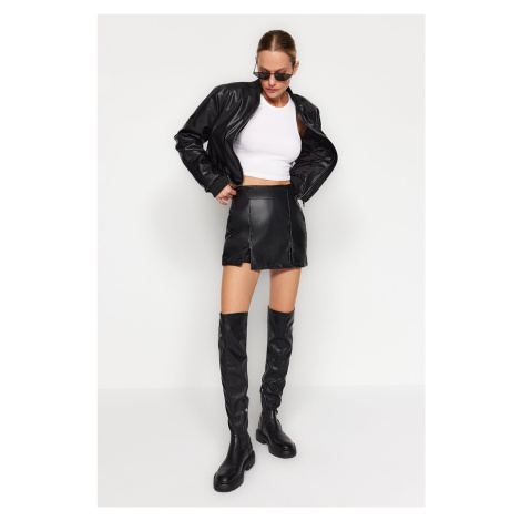 Trendyol Black Double Slit Woven Faux Leather Shorts Skirt