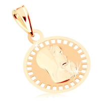 Přívěsek ze žlutého 9K zlata - kruhový medailon s Pannou Marií, lesklo-matný