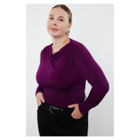 Trendyol Curve Plum High Collar Gather Detailed Knitted Plus Size Bodysuit