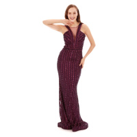 Carmen Damson Striped Sequined Mermaid Evening Dress