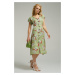 armonika Women's Light Green Patterned V-Neck Button Down Midi Length Dress