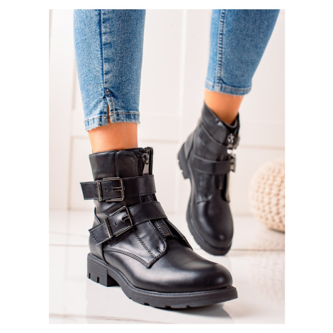 Trendy kotníčkové boty dámské černé na plochém podpatku KAYLA