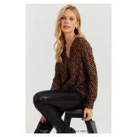 Cool & Sexy Women's Camel-Black V Neck Blouse