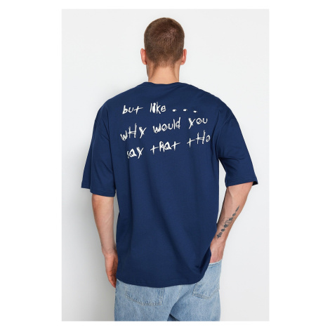 Trendyol Indigo Oversize/Wide-Fit Text Printed Short Sleeve 100% Cotton T-Shirt