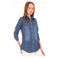 Bigdart 3411 Double Pocket? Checkered Denim Shirt - Dark Blue