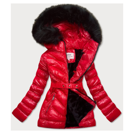 Červená lesklá zimní bunda s mechovitou kožešinou (W673) MHM