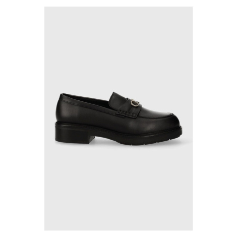 Kožené mokasíny Calvin Klein RUBBER SOLE LOAFER W/HW dámské, černá barva, na plochém podpatku, H