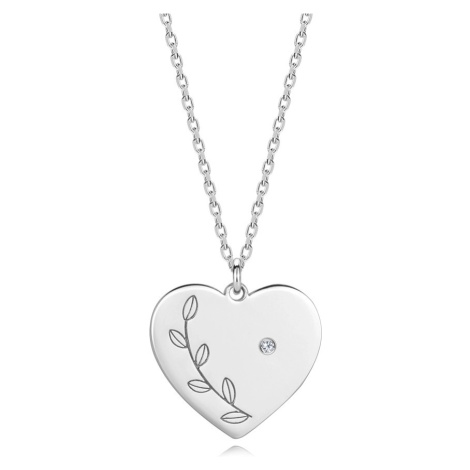 Stříbrný náhrdelník 925 - briliant, ploché srdce, gravírované listy Šperky eshop