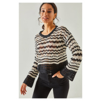 Olalook Dámský černobílý kulatý výstřih prolamovaný bavlněný pletený svetr