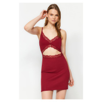 Trendyol Burgundy Cotton Lace Detailed Ribbed Knitted Nightdress with Strap