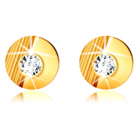 Zlaté 14K náušnice - kroužek se zářezy, hladký půlkruh, vsazený kulatý zirkon, puzetky