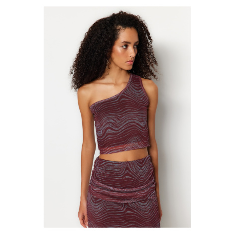 Trendyol Claret Red Printed Fitted/Skinned Knitted Blouse with Lined Flexible Tulle Crop