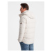 Krémová pánská prošívaná zimní bunda s kapucí Ombre Clothing