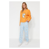 Trendyol Oranžová 100% Bavlněná Sada Pyžama s Mrakovým Vzorem: Tričko a Jogger Kalhoty