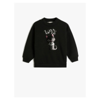 Koton The Cat Embroidered Sequins Sweatshirt with Rayon Crew Neck.