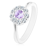 Prsten ve stříbrné barvě, zirkonový kvítek se světle fialovým středem