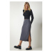 Happiness İstanbul Women's Dark Gray Slotted Corduroy Knitted Pencil Skirt