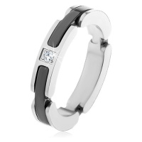 Ocelový prsten stříbrné barvy, výřezy s keramickými pásy, čirý zirkon